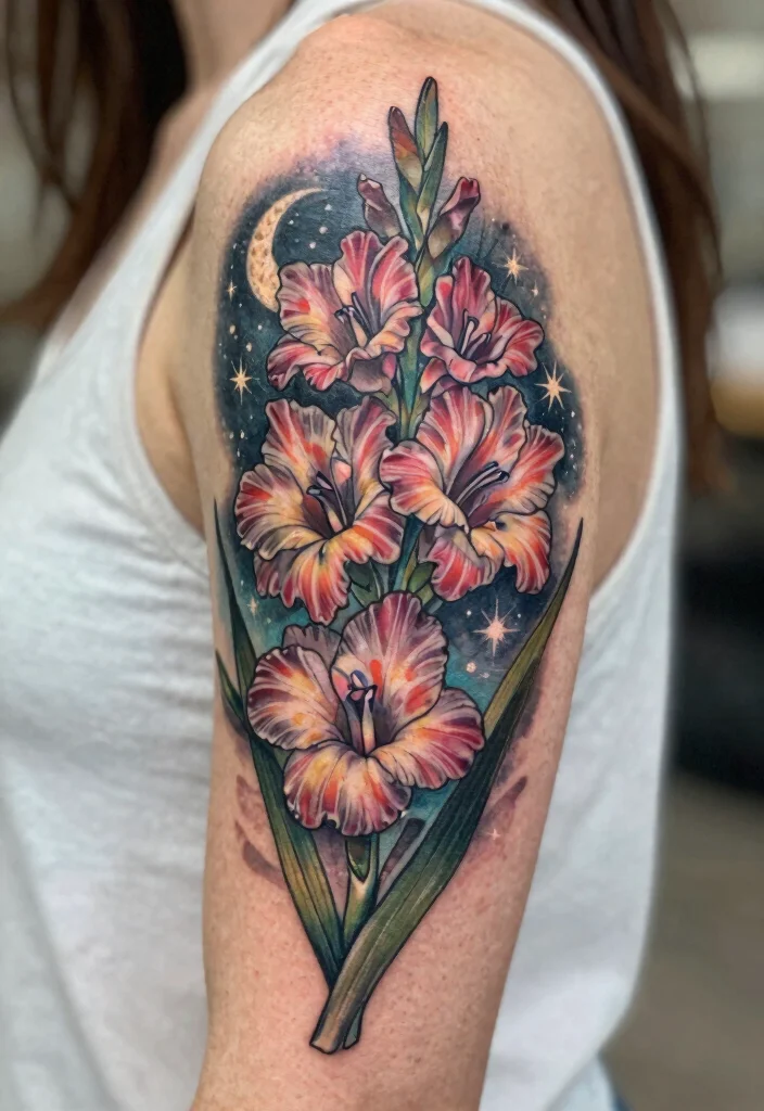 16 August Flower Tattoo Ideas With Personal Meaning - 9. Gladiolus and Celestial Bodies 1