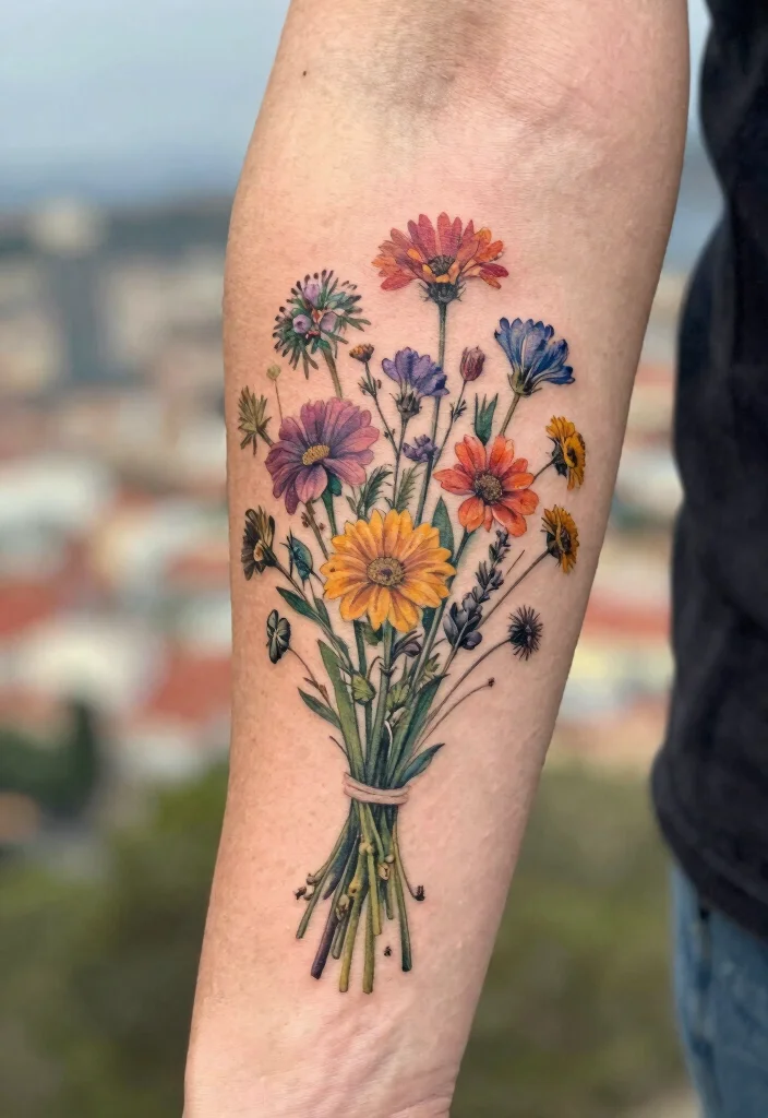 16 Barcelona Flower Tattoo Ideas With Artistic Flair - 10. Beautifully Wildflowers 1