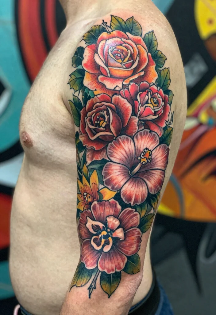 16 Barcelona Flower Tattoo Ideas With Artistic Flair - 12. Floral Half-Sleeve Tattoos 1