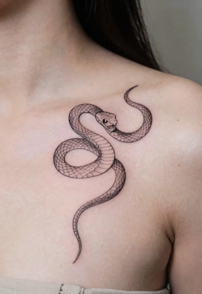 16 Collar Bone Snake Tattoo Ideas With Sharp Detail 1 16 Collar Bone Snake Tattoo Ideas With Sharp Detail - 1. Classic Outline 1