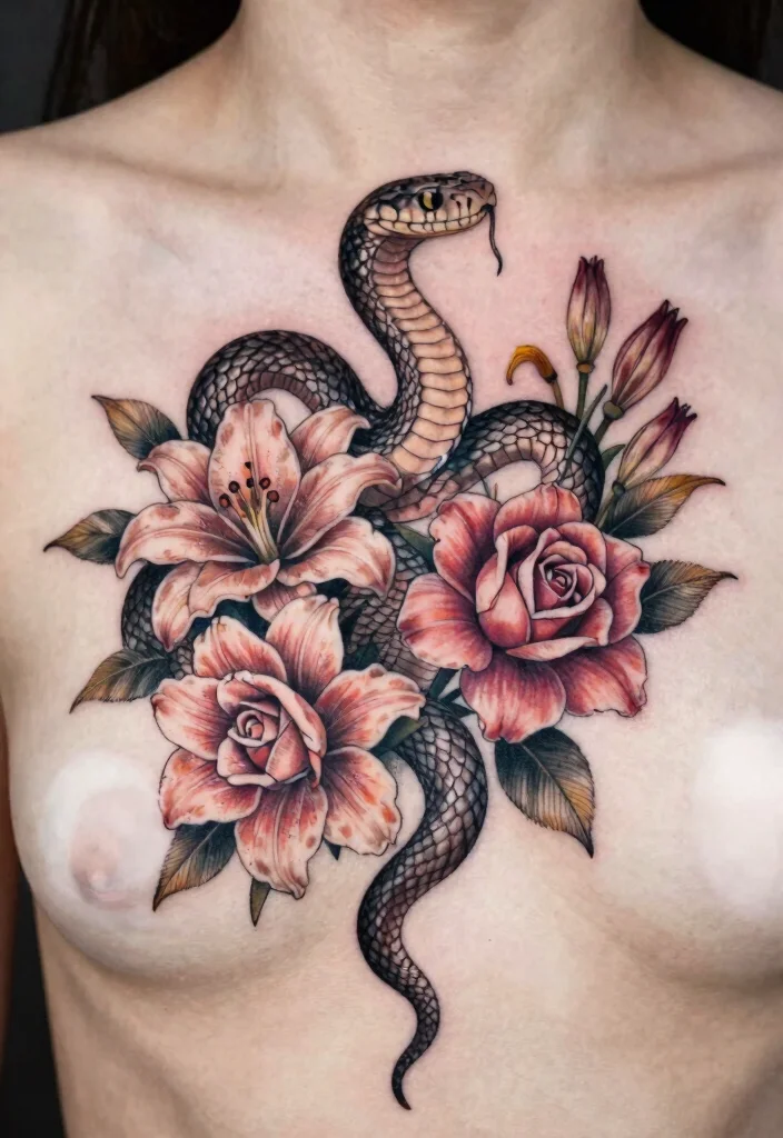 16 Collar Bone Snake Tattoo Ideas With Sharp Detail 14 16 Collar Bone Snake Tattoo Ideas With Sharp Detail - 4. Floral Accents 1