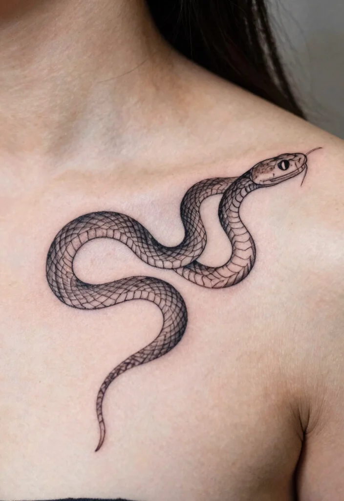 16 Collar Bone Snake Tattoo Ideas With Sharp Detail 38 16 Collar Bone Snake Tattoo Ideas With Sharp Detail - 8. Fine Line Detailing 1