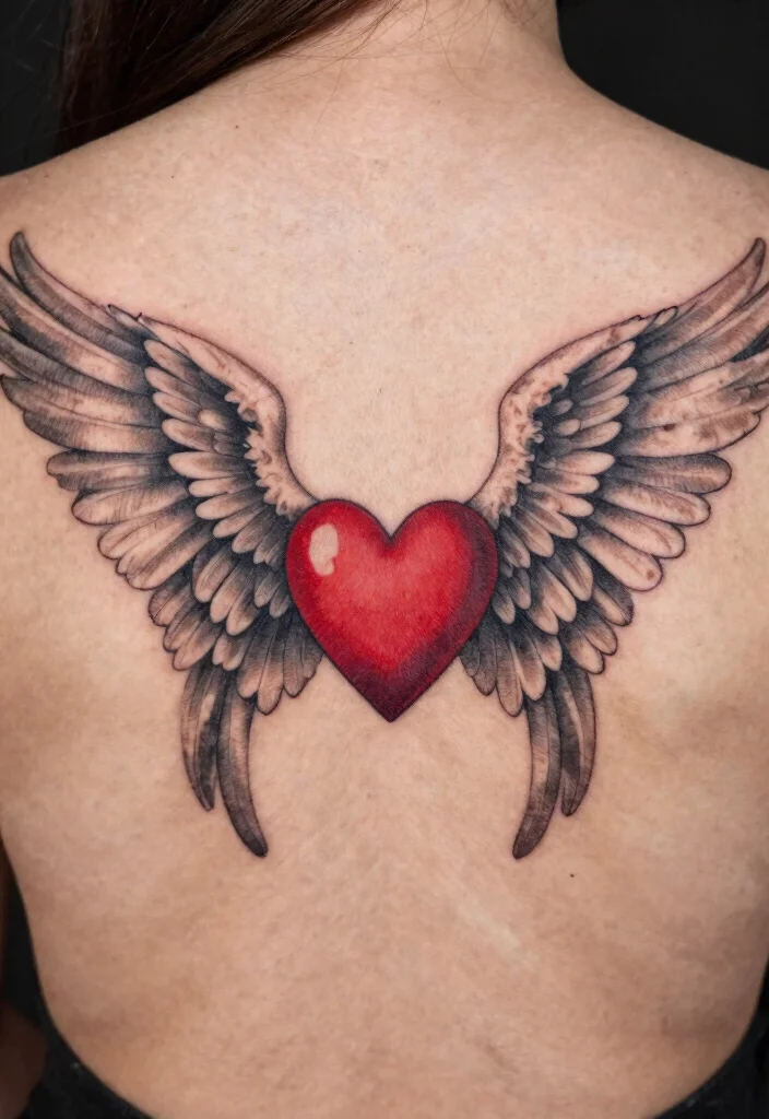 16 Female Angel Tattoo Ideas With Graceful Power - 12. Angel Wings with Heart 1