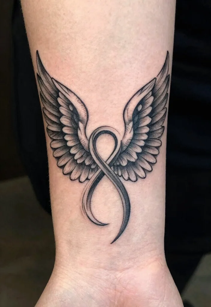 16 Female Angel Tattoo Ideas With Graceful Power - 13. Angel Wings and Infinity Symbol 1