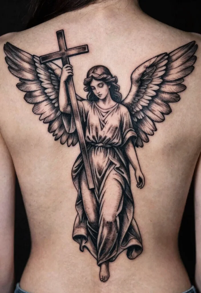 16 Female Angel Tattoo Ideas With Graceful Power - 14. Angel Holding a Cross 1