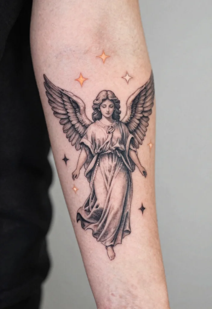 16 Female Angel Tattoo Ideas With Graceful Power - 15. Guardian Angel with Stars 1