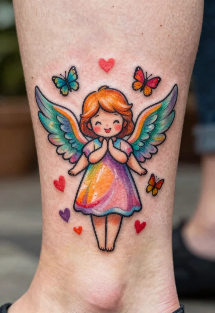 16 Female Angel Tattoo Ideas With Graceful Power - 16. Whimsical Angel 1