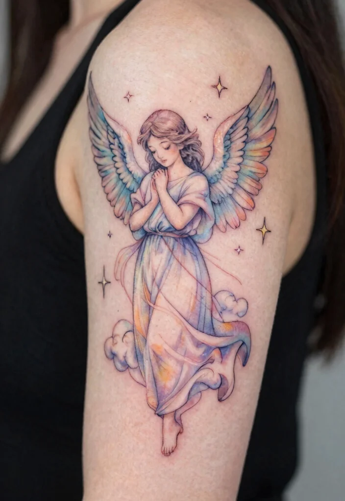 16 Female Angel Tattoo Ideas With Graceful Power - 2. Angelic Guardian 1