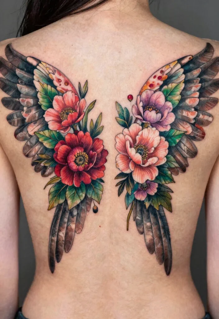 16 Female Angel Tattoo Ideas With Graceful Power - 5. Floral Angel Wings 1