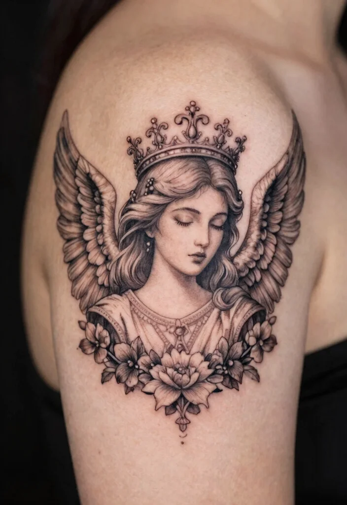 16 Female Angel Tattoo Ideas With Graceful Power - 6. Radiant Angel Crown 1