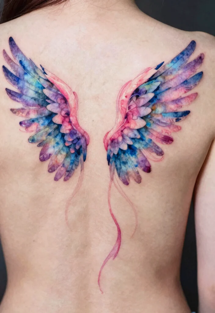 16 Female Angel Tattoo Ideas With Graceful Power - 9. Watercolor Angel Wings 1