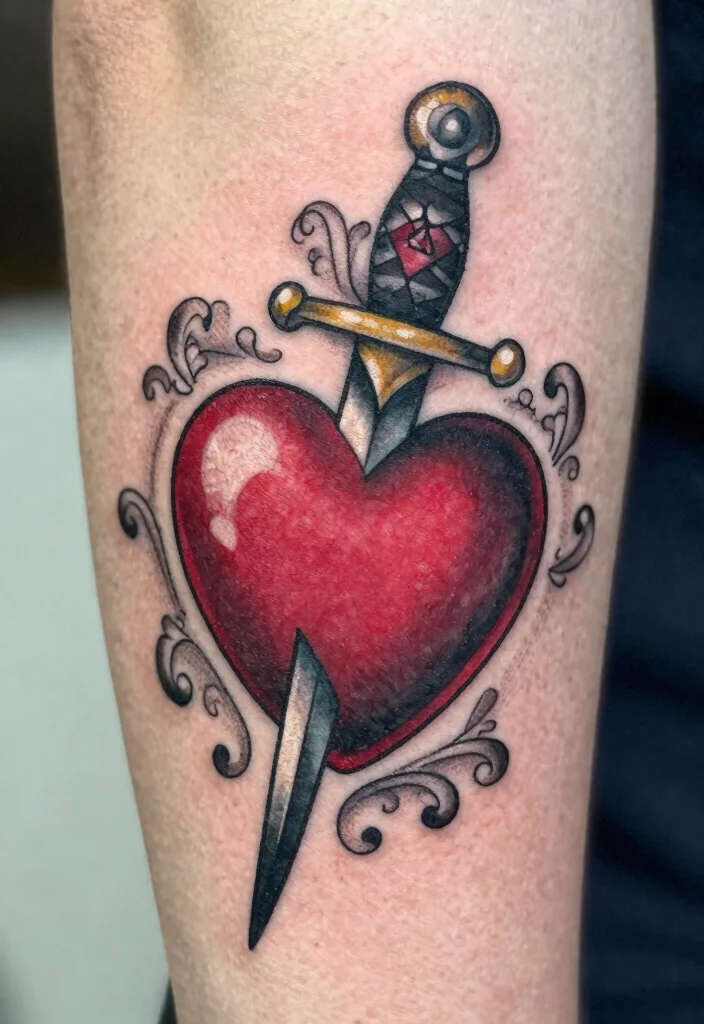 16 Heart and Dagger Tattoo Ideas With Dramatic Flair - 1. Classic Heart and Dagger 1