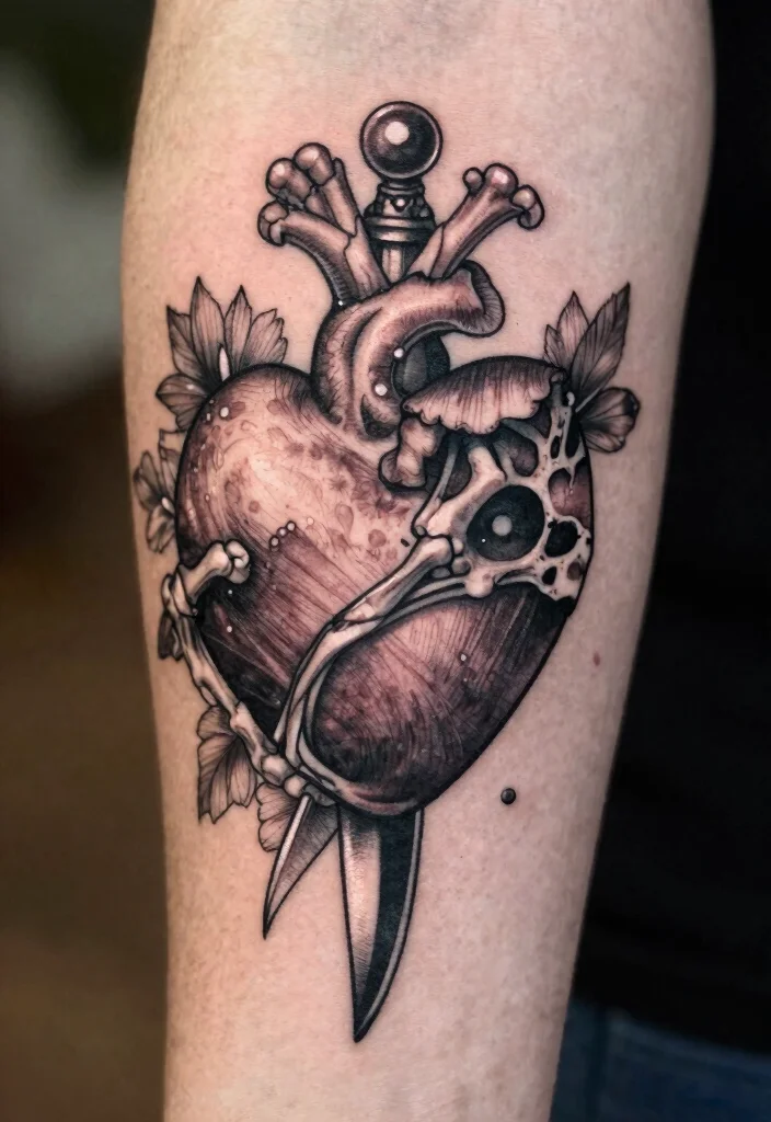 16 Heart and Dagger Tattoo Ideas With Dramatic Flair - 10. Skeleton Heart and Dagger 1