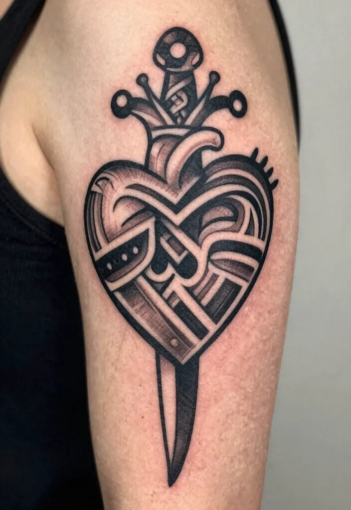 16 Heart and Dagger Tattoo Ideas With Dramatic Flair - 11. Tribal Heart and Dagger 1