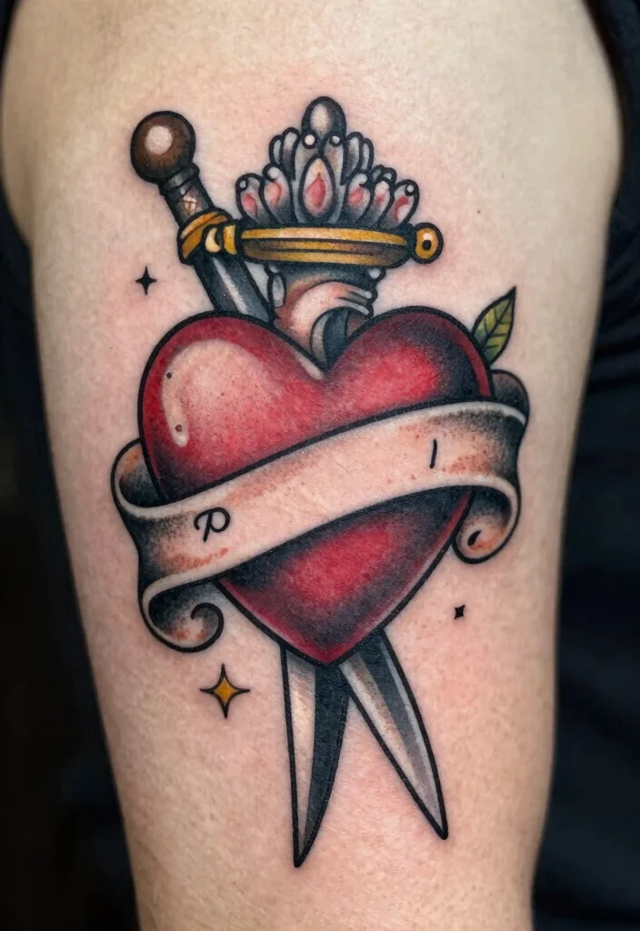 16 Heart and Dagger Tattoo Ideas With Dramatic Flair - 12. Vintage Heart and Dagger 1