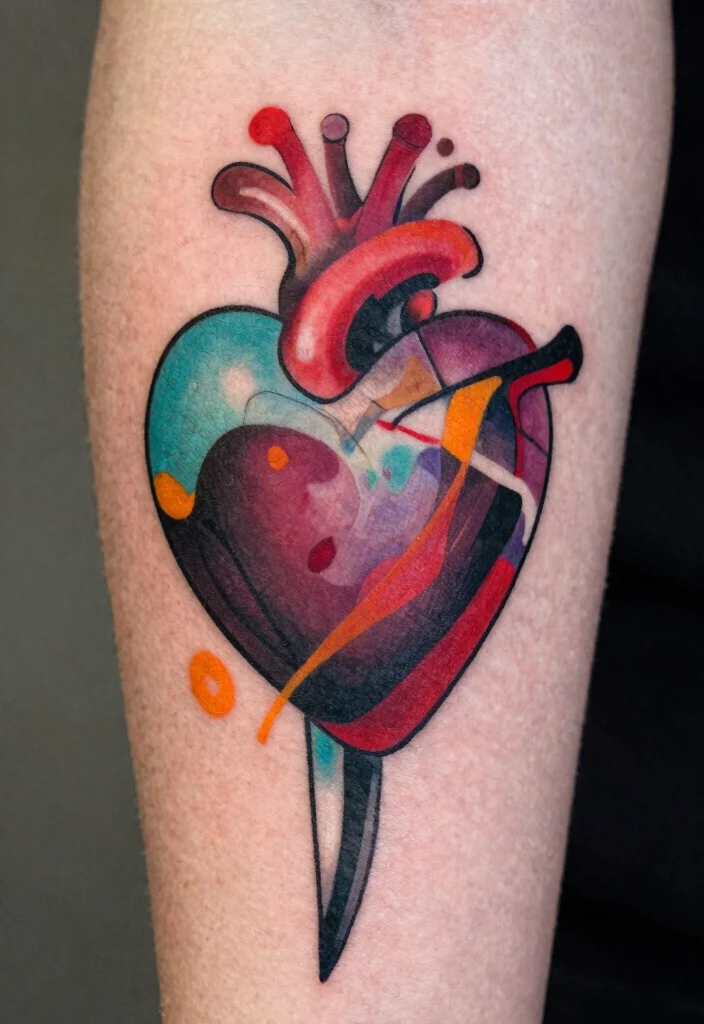 16 Heart and Dagger Tattoo Ideas With Dramatic Flair - 14. Abstract Heart and Dagger 1