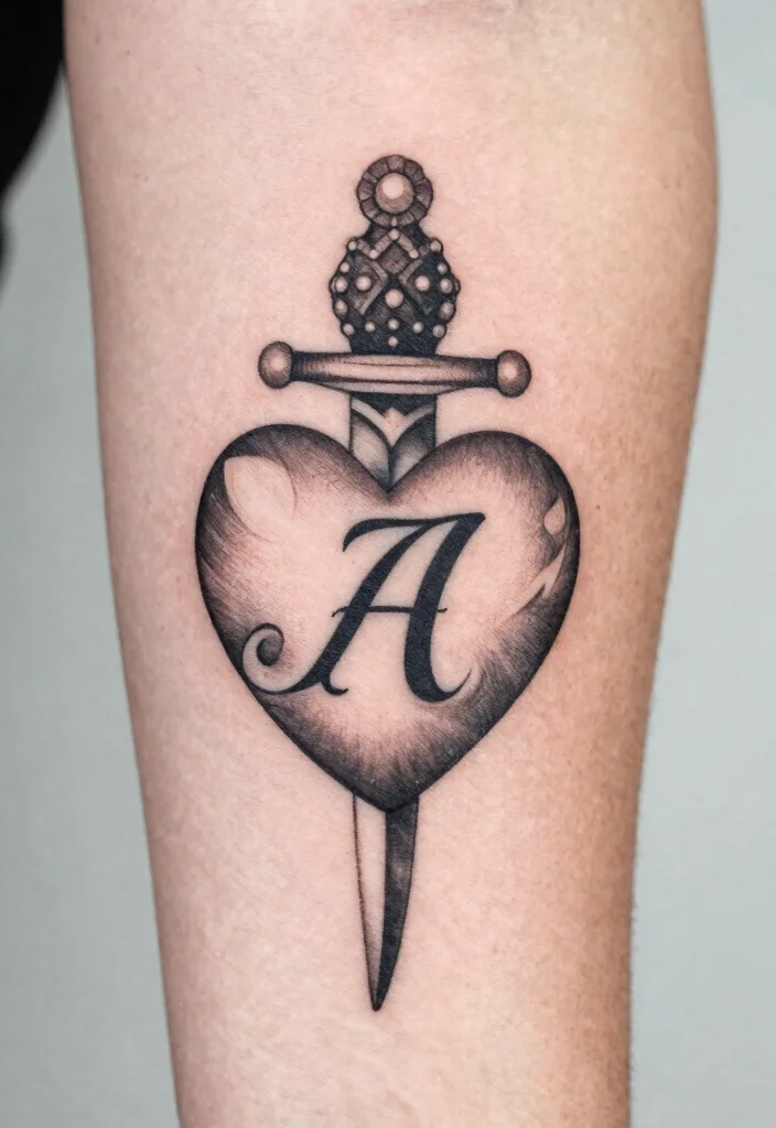 16 Heart and Dagger Tattoo Ideas With Dramatic Flair - 15. Personalized Initials with Heart and Dagger 1