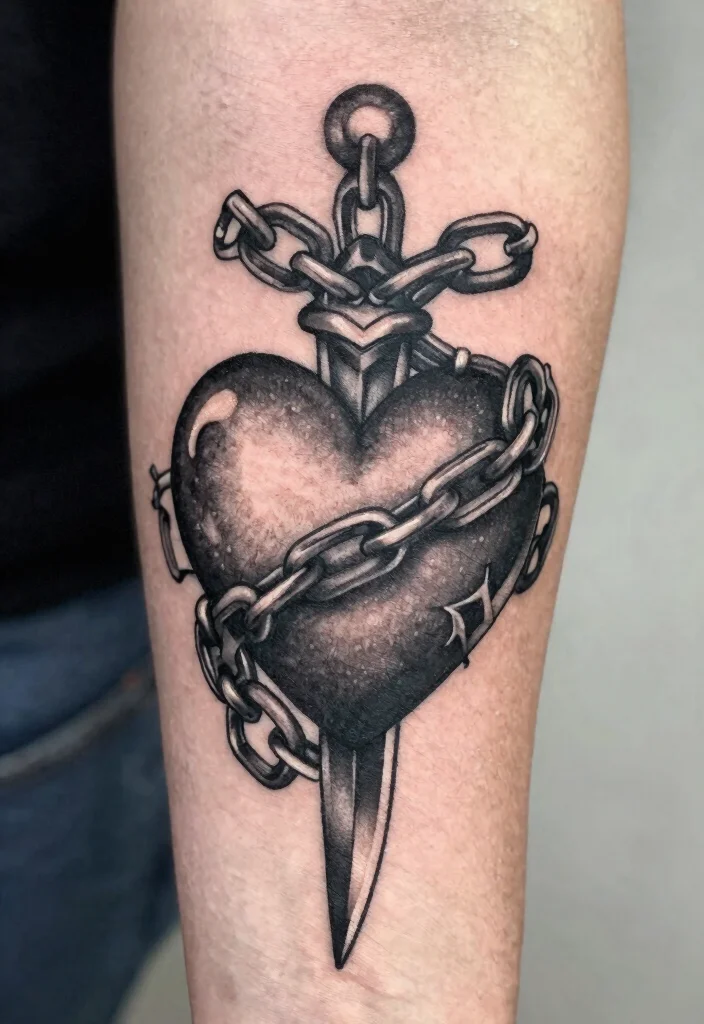 16 Heart and Dagger Tattoo Ideas With Dramatic Flair - 16. Edgy Heart and Dagger with Chains 1