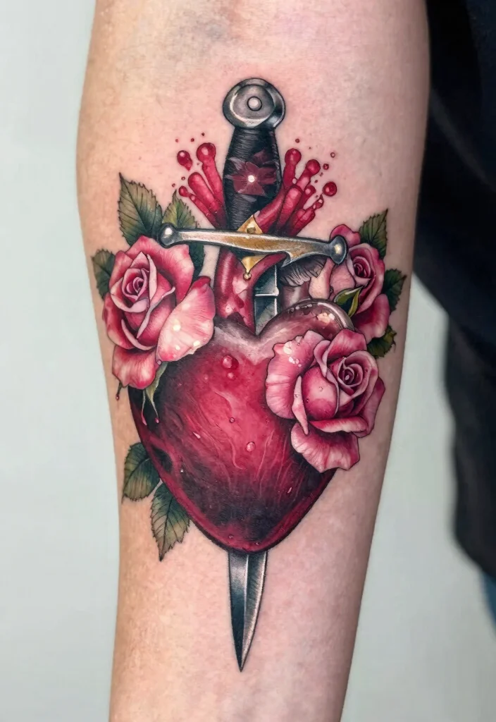 16 Heart and Dagger Tattoo Ideas With Dramatic Flair - 2. Floral Heart and Dagger 1