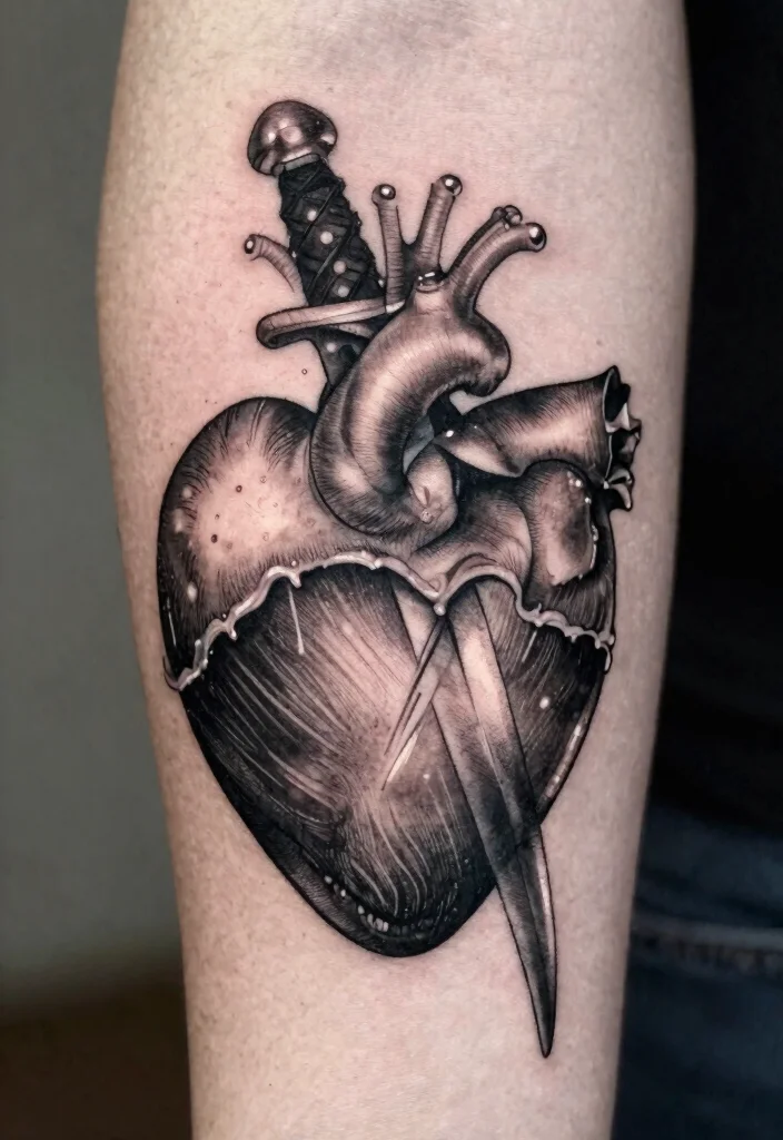 16 Heart and Dagger Tattoo Ideas With Dramatic Flair - 4. Black and Grey Heart and Dagger 1