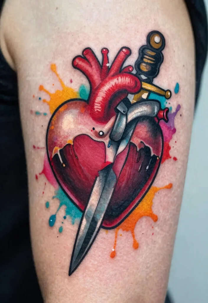 16 Heart and Dagger Tattoo Ideas With Dramatic Flair - 5. Color Splash Heart and Dagger 1