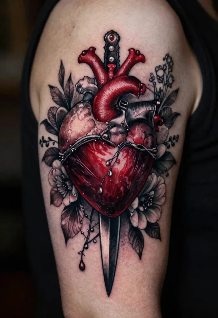 16 Heart and Dagger Tattoo Ideas With Dramatic Flair - 7. Gothic Heart and Dagger 1