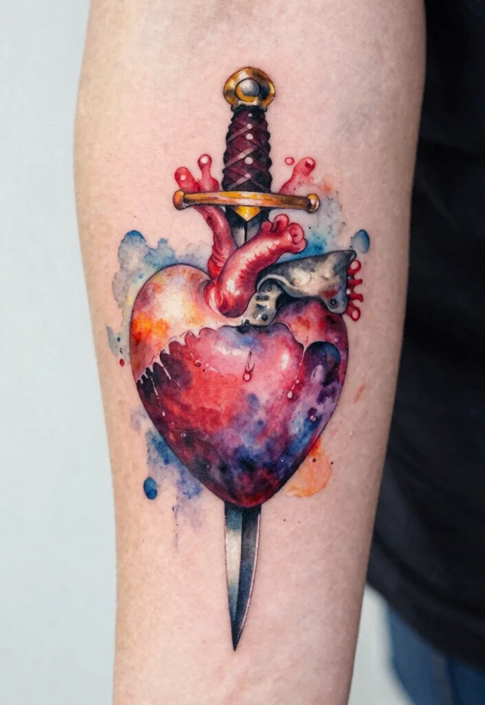 16 Heart and Dagger Tattoo Ideas With Dramatic Flair - 8. Watercolor Heart and Dagger 1