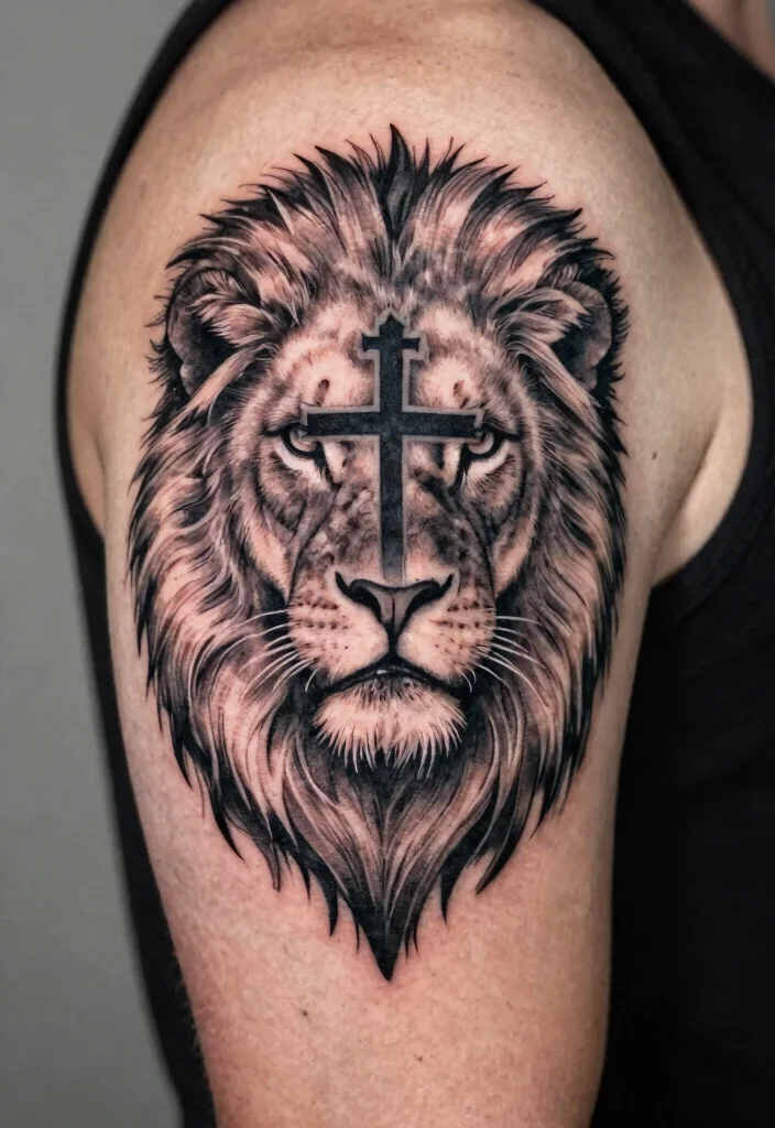 16 Lion Cross Tattoo Design Ideas With Powerful Symbolism - 1. Majestic Lion with a Cross 1