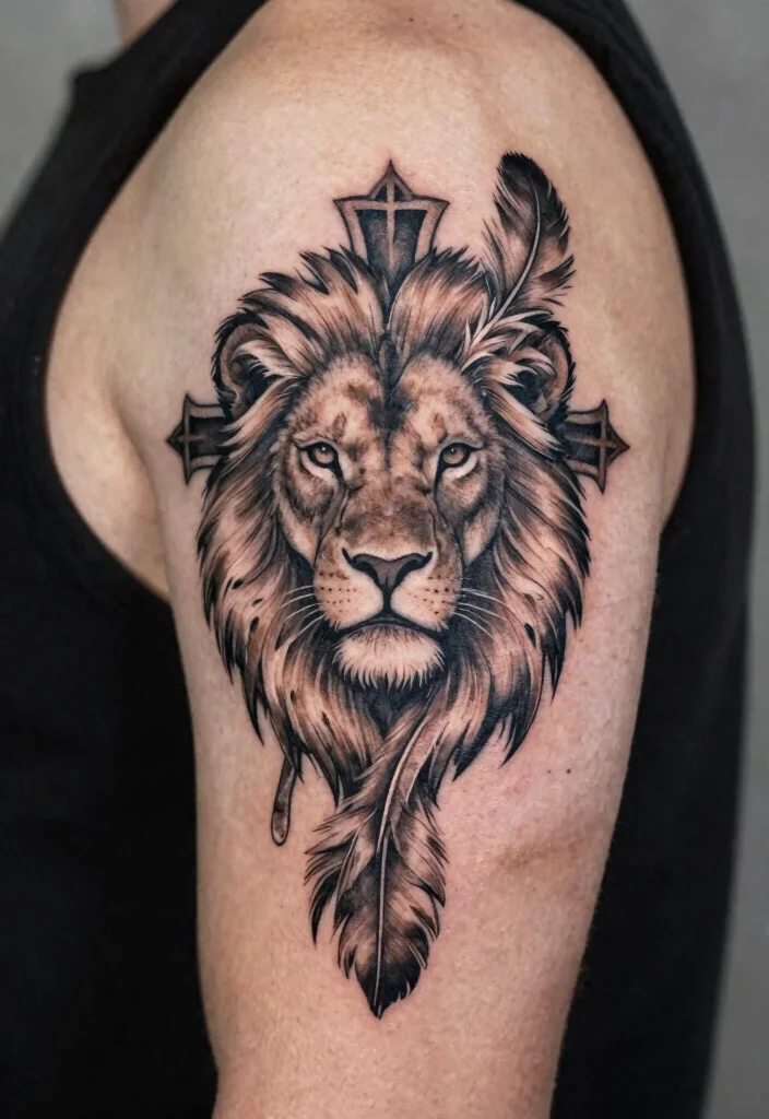 16 Lion Cross Tattoo Design Ideas With Powerful Symbolism - 10. Lion Cross with Feather Accents 1