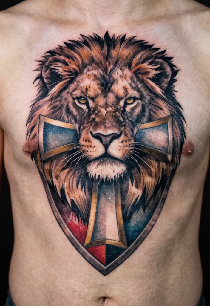 16 Lion Cross Tattoo Design Ideas With Powerful Symbolism - 11. Lion Cross with a Shield 1