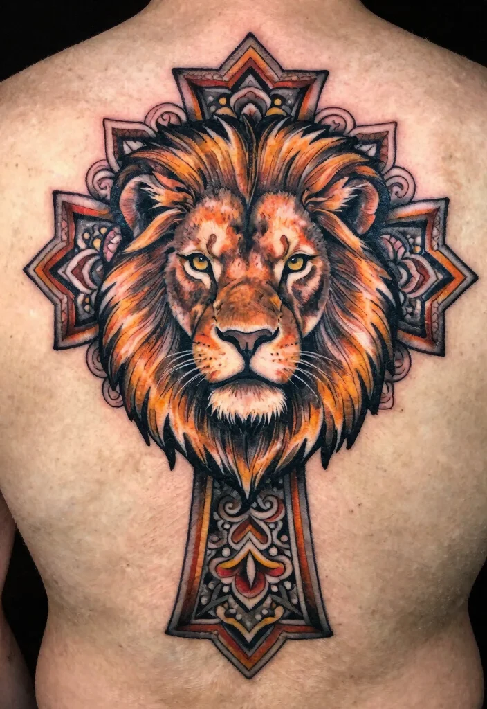 16 Lion Cross Tattoo Design Ideas With Powerful Symbolism - 12. Lion Cross in a Mandala Style 1