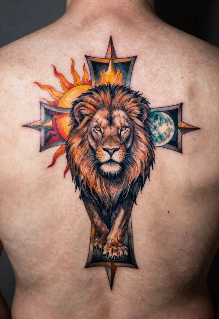 16 Lion Cross Tattoo Design Ideas With Powerful Symbolism - 13. Lion Cross with Sun and Moon 1