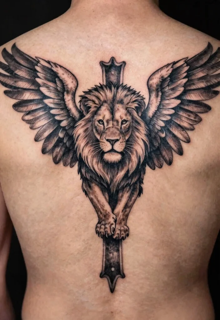 16 Lion Cross Tattoo Design Ideas With Powerful Symbolism - 14. Lion Cross with Angel Wings 1
