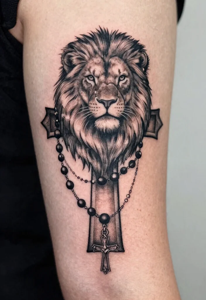 16 Lion Cross Tattoo Design Ideas With Powerful Symbolism - 15. Lion Cross with a Rosary 1