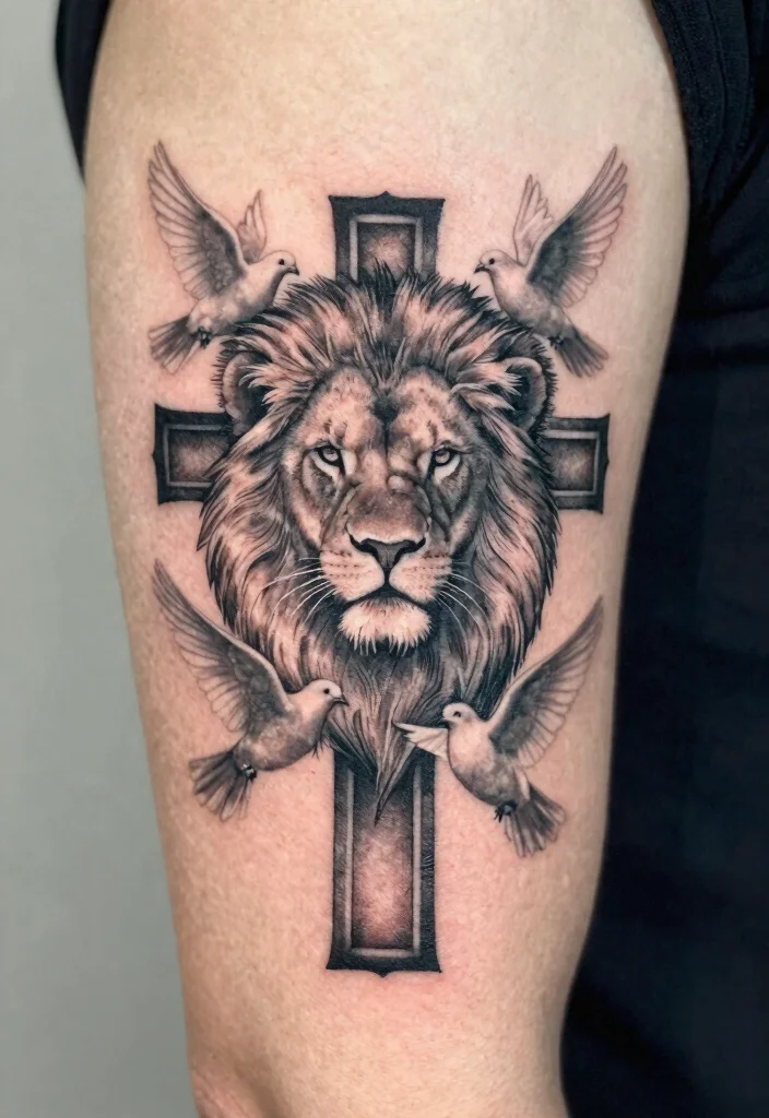 16 Lion Cross Tattoo Design Ideas With Powerful Symbolism - 16. Lion Cross with Doves 1