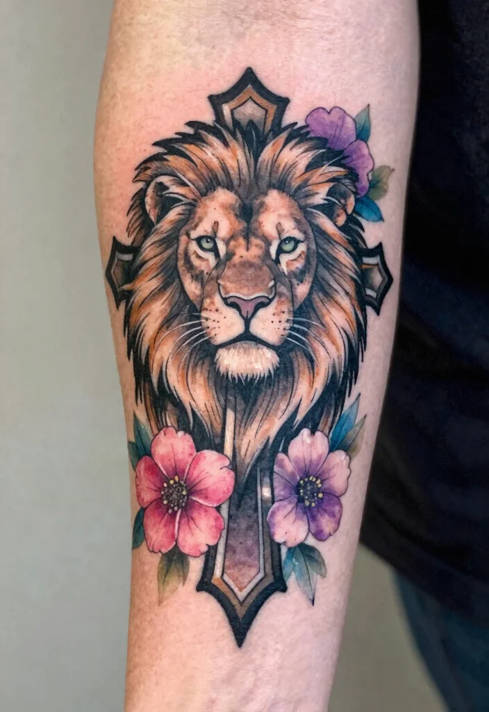 16 Lion Cross Tattoo Design Ideas With Powerful Symbolism - 2. Stylized Lion Cross with Floral Accents 1