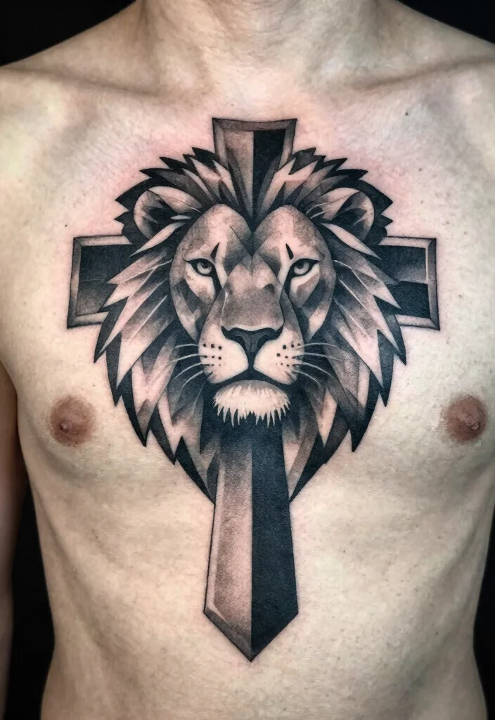 16 Lion Cross Tattoo Design Ideas With Powerful Symbolism - 3. Geometric Lion with Cross 1