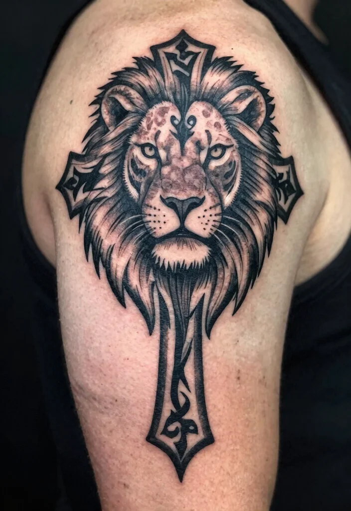 16 Lion Cross Tattoo Design Ideas With Powerful Symbolism - 4. Lion Cross with Tribal Elements 1