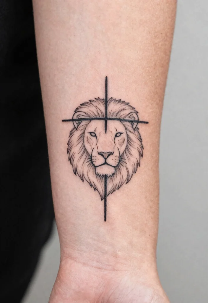 16 Lion Cross Tattoo Design Ideas With Powerful Symbolism - 5. Minimalist Lion Cross Design 1