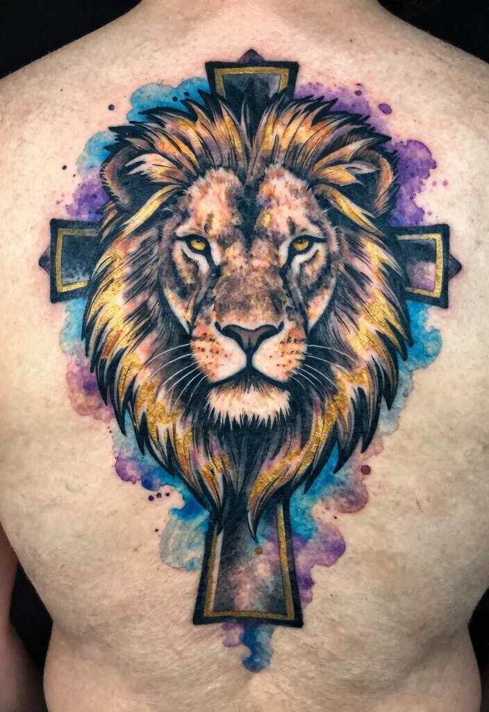16 Lion Cross Tattoo Design Ideas With Powerful Symbolism - 6. Lion Cross with Watercolor Background 1