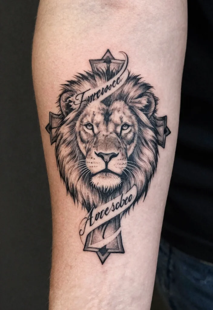 16 Lion Cross Tattoo Design Ideas With Powerful Symbolism - 7. Lion Cross With Script 1