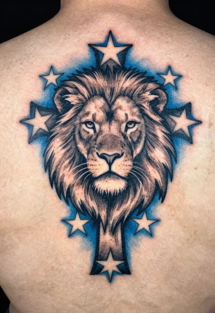 16 Lion Cross Tattoo Design Ideas With Powerful Symbolism - 8. Lion Cross With Stars 1