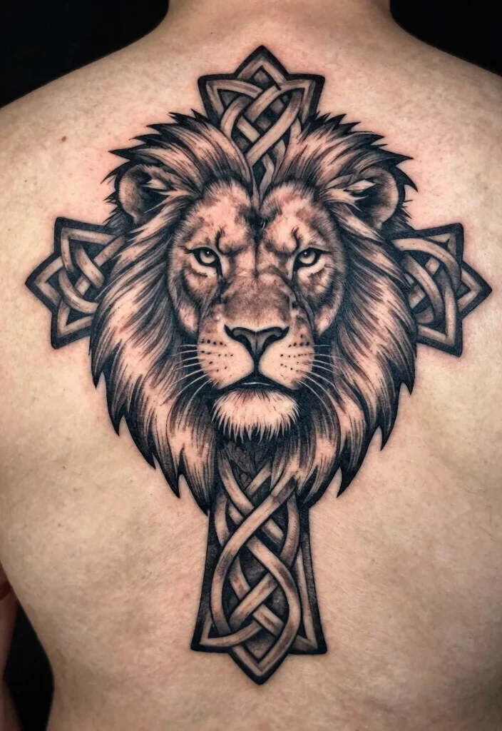 16 Lion Cross Tattoo Design Ideas With Powerful Symbolism - 9. Lion Cross with Celtic Knots 1