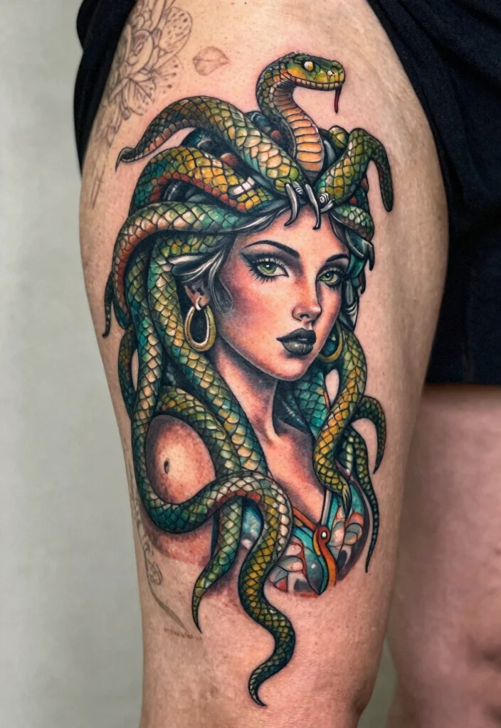 16 Medusa Hip Tattoo Ideas With Fierce Feminine Energy 1 16 Medusa Hip Tattoo Ideas With Fierce Feminine Energy - 1. Serpent Crown Majesty 1