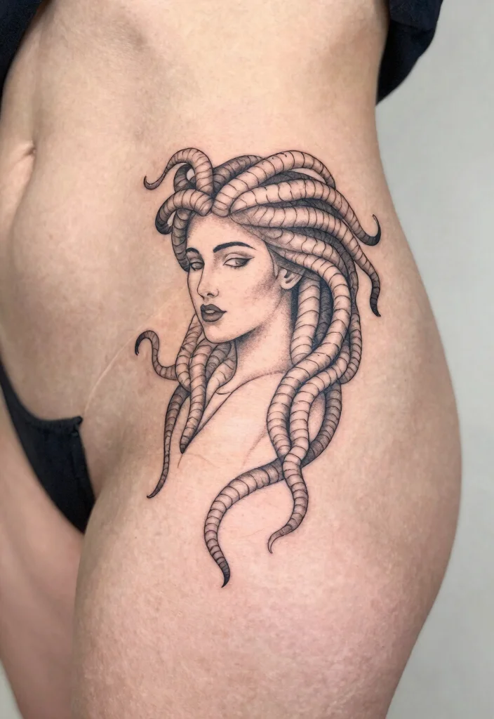 16 Medusa Hip Tattoo Ideas With Fierce Feminine Energy 51 16 Medusa Hip Tattoo Ideas With Fierce Feminine Energy - 11. Minimalist Medusa 1