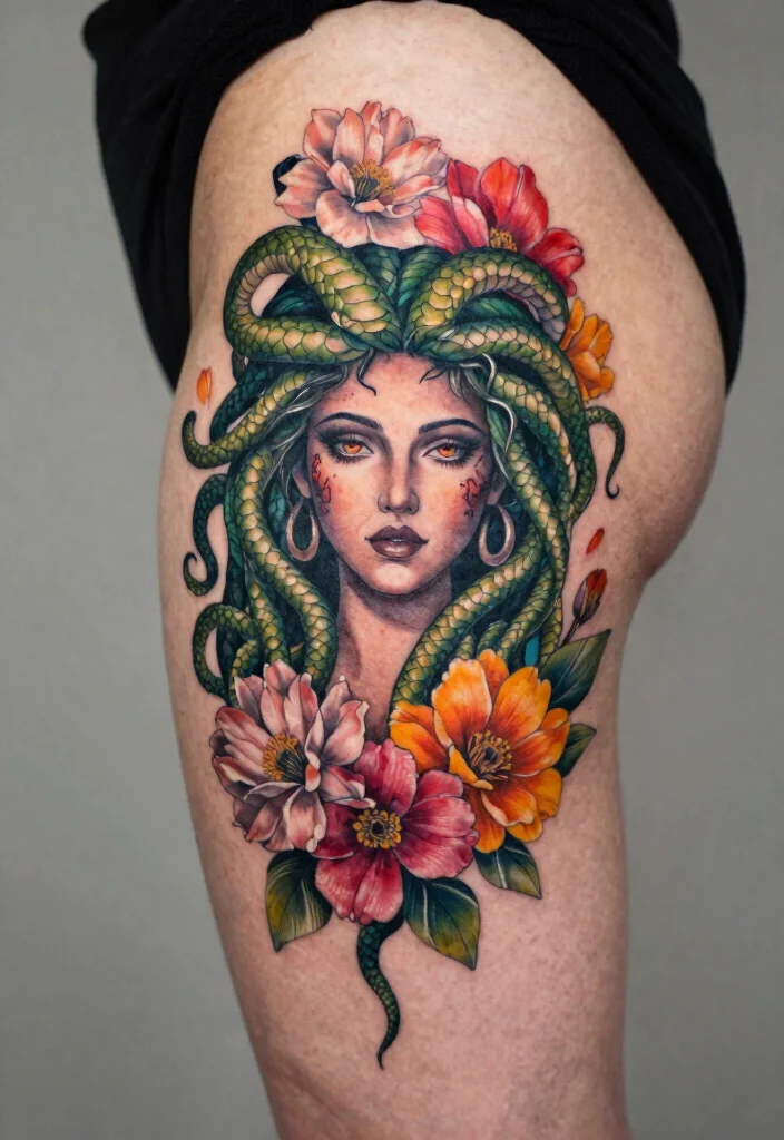16 Medusa Hip Tattoo Ideas With Fierce Feminine Energy 3 16 Medusa Hip Tattoo Ideas With Fierce Feminine Energy - 3. Floral Enchantment 1