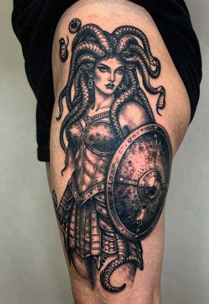 16 Medusa Hip Tattoo Ideas With Fierce Feminine Energy 16 16 Medusa Hip Tattoo Ideas With Fierce Feminine Energy - 6. Warrior Medusa 1