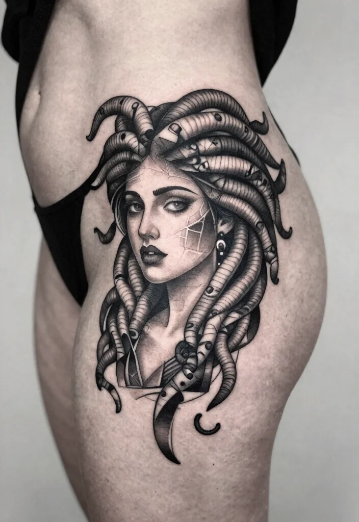16 Medusa Hip Tattoo Ideas With Fierce Feminine Energy 29 16 Medusa Hip Tattoo Ideas With Fierce Feminine Energy - 9. Geometric Medusa 1