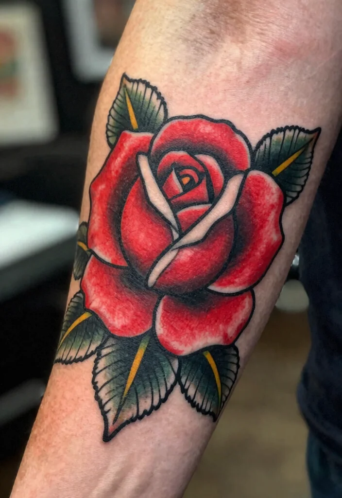 16 Neotraditional Rose Tattoo Ideas With Bold Shading - 1. Classic Red Rose with Bold Black Outlines 1