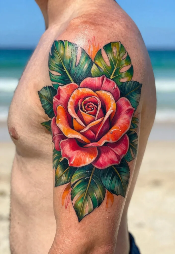 16 Neotraditional Rose Tattoo Ideas With Bold Shading - 10. Tropical Rose with Exotic Colors 1